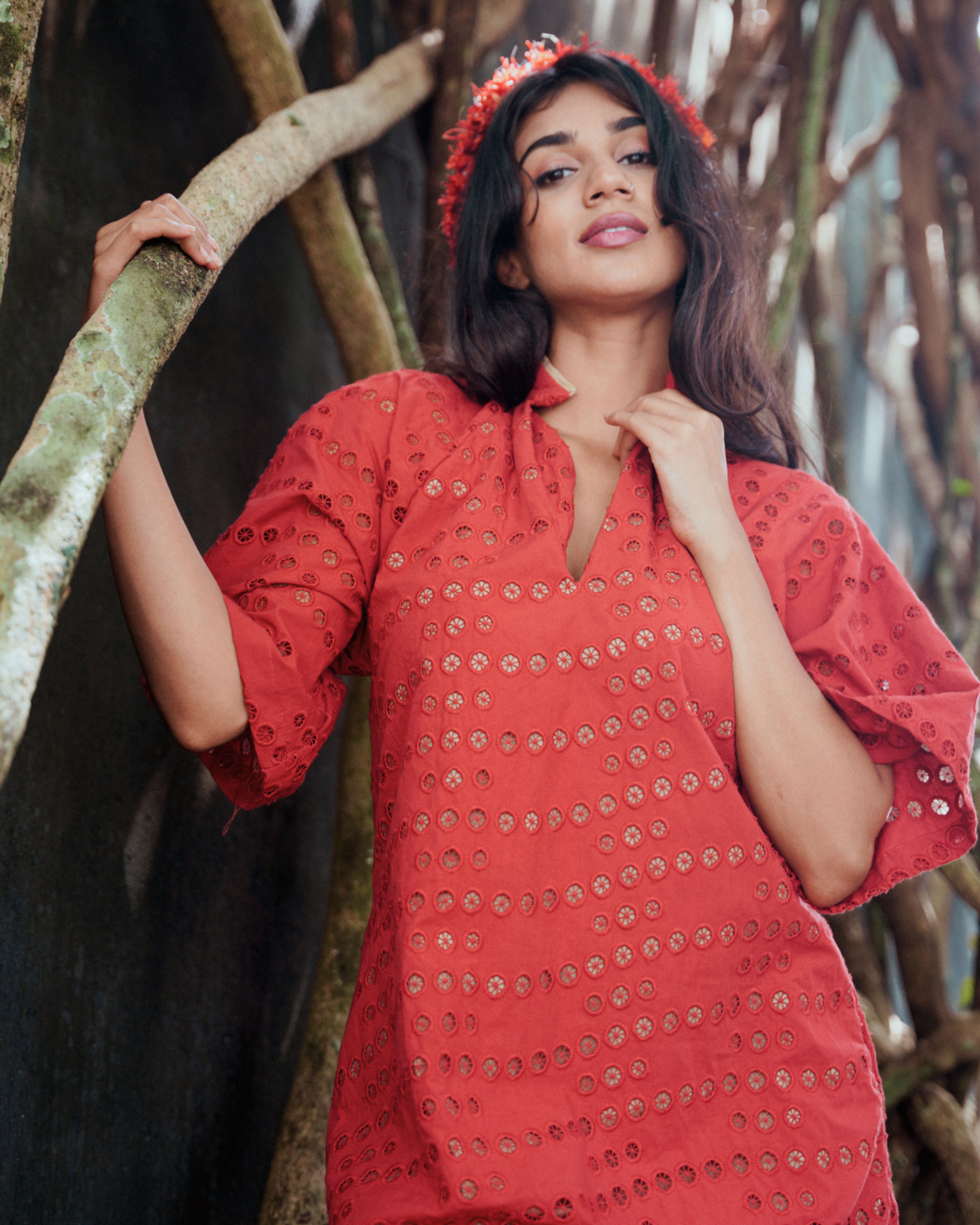Rust Mandarin collar Tunic - Eyelet Lace
