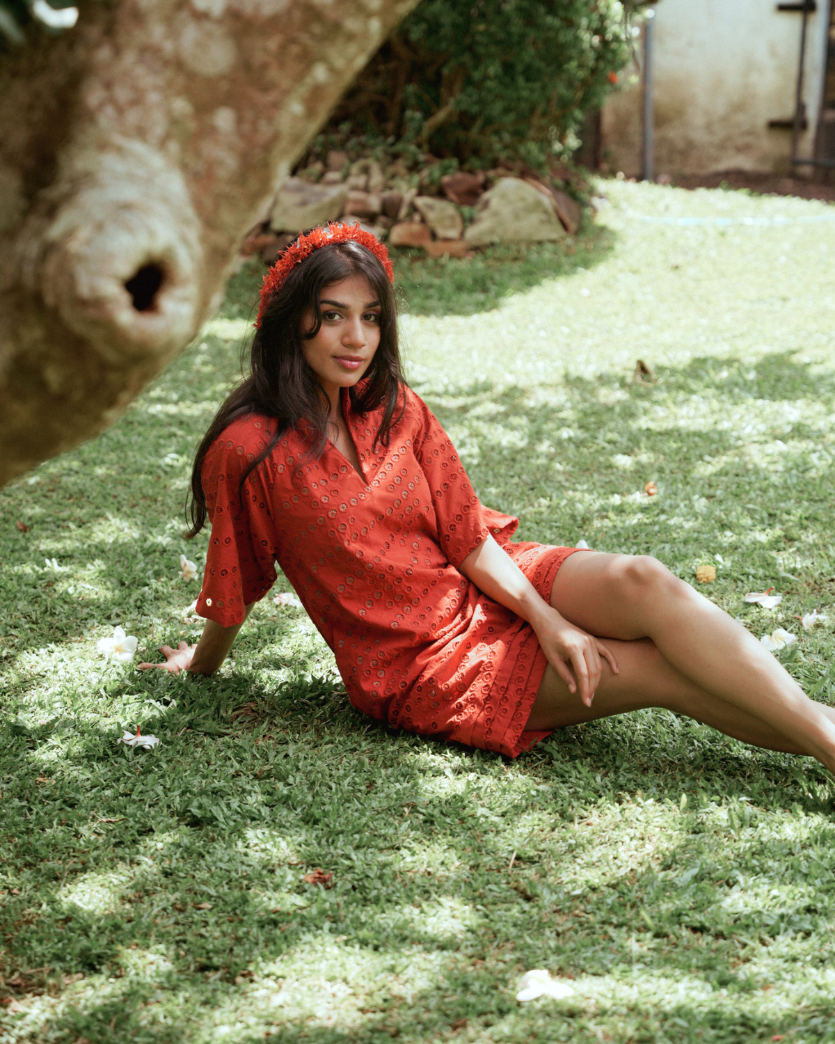 Rust Mandarin collar Tunic - Eyelet Lace
