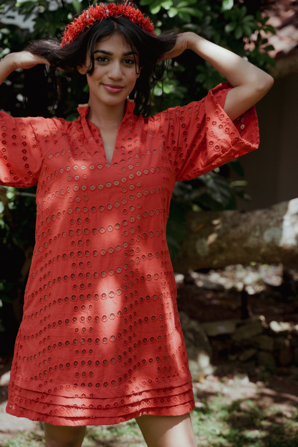 Rust Mandarin collar Tunic - Eyelet Lace
